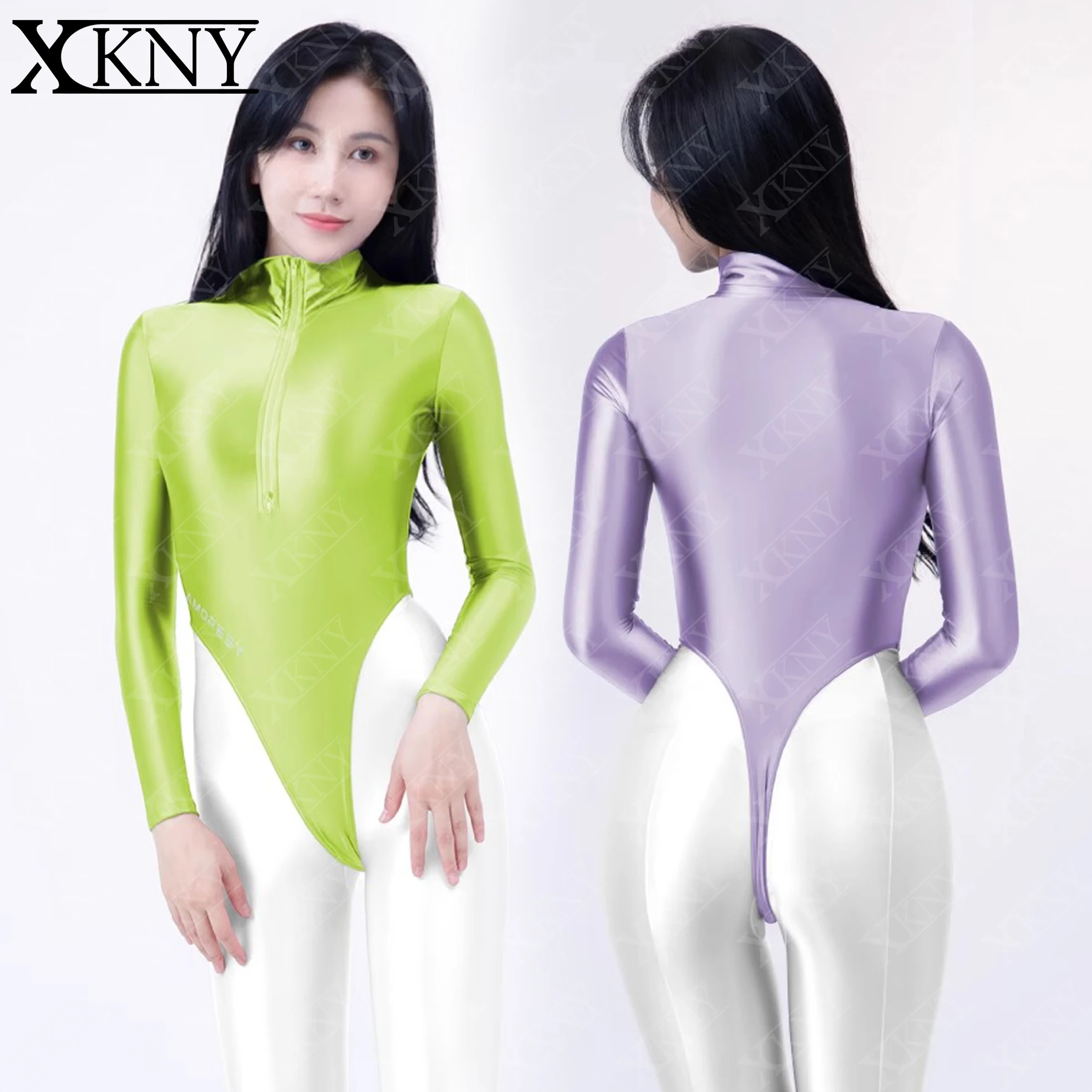 

XCKNY satin glossy swimsuit sexy tight long sleeve front zipper high fork swimsuit thongs bodysuit AMORESY