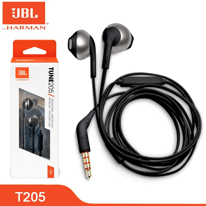 

Original JBL T205 3.5mm Wired Earphones Stereo Music Sport Headset 1-button Control Hands-free Call With Mic Tune 205 Earbuds