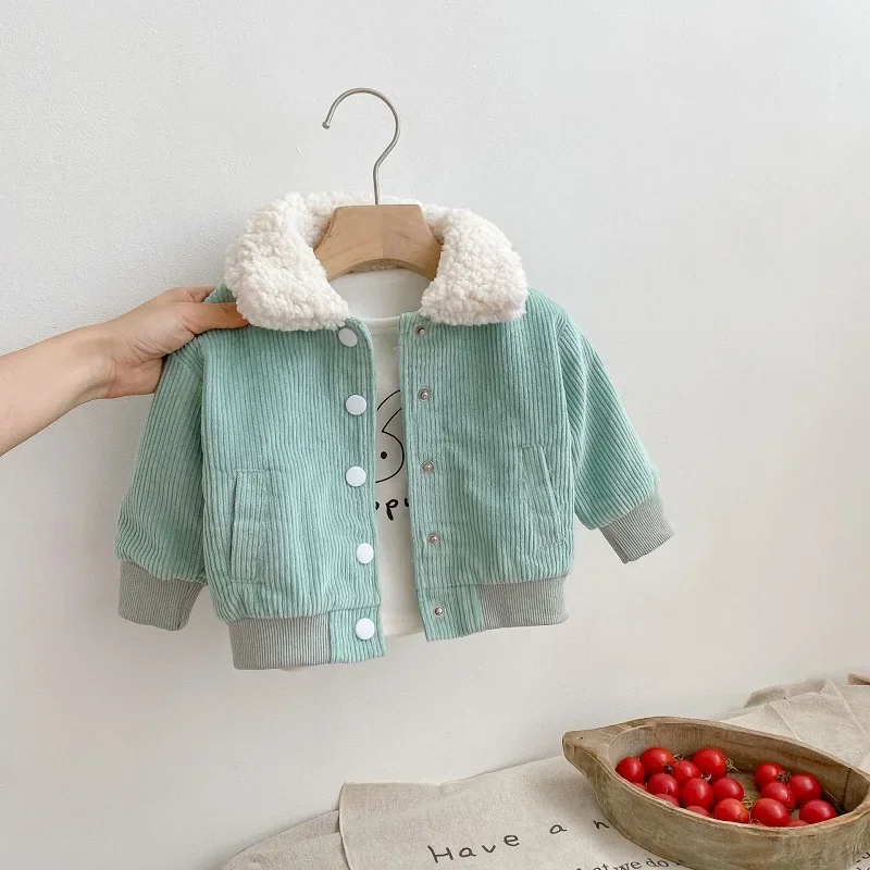 

INS Autumn Winter Baby Corduroy Coat 0-3Yrs Newborn Boy Girl Long Sleeve Lamb Wool Collar Fleece Thicken Warm Outerwear Clothes