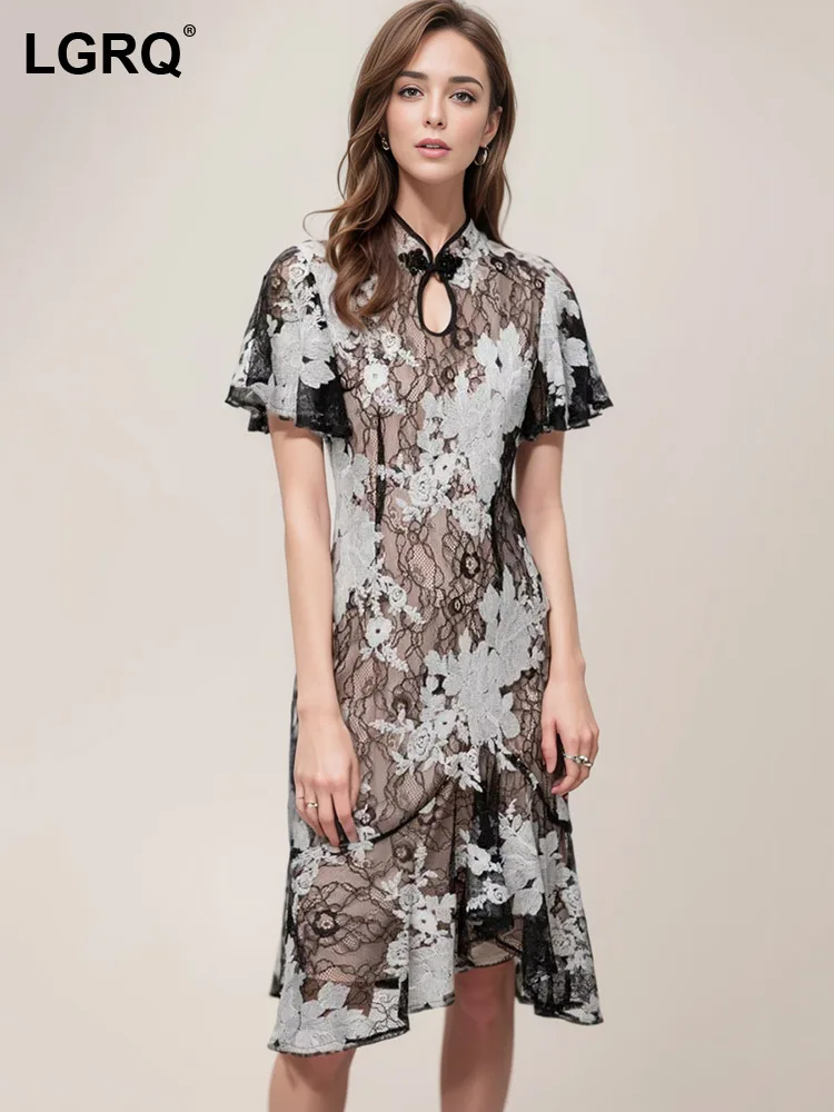 LGRQ Women's Dress Hollowed Out Heavy Industry Embroidery Fashion Short Sleeves Ankle Length Stand Collar Dresses Summer 19ZZ20
LGRQ Women's Dress Hollowed Out Heavy Industry Embroidery Fashion Short Sleeves Ankle Length Stand Collar Dresses Summer 19ZZ20
