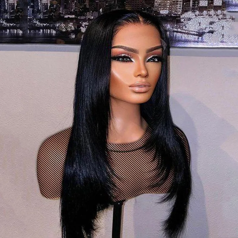

26 Inch 180% Density Soft Preplucked Glueless Long layered hair Silky Straight 13*4 Lace Front Wig With Baby Hair Fiber Black