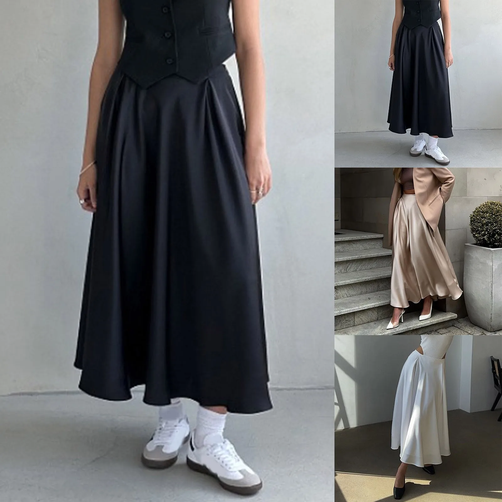 

Womens Satin High Waist Hidden Elasticized Waistband Flared Casual A Line Midi Skirt Punk Skirt