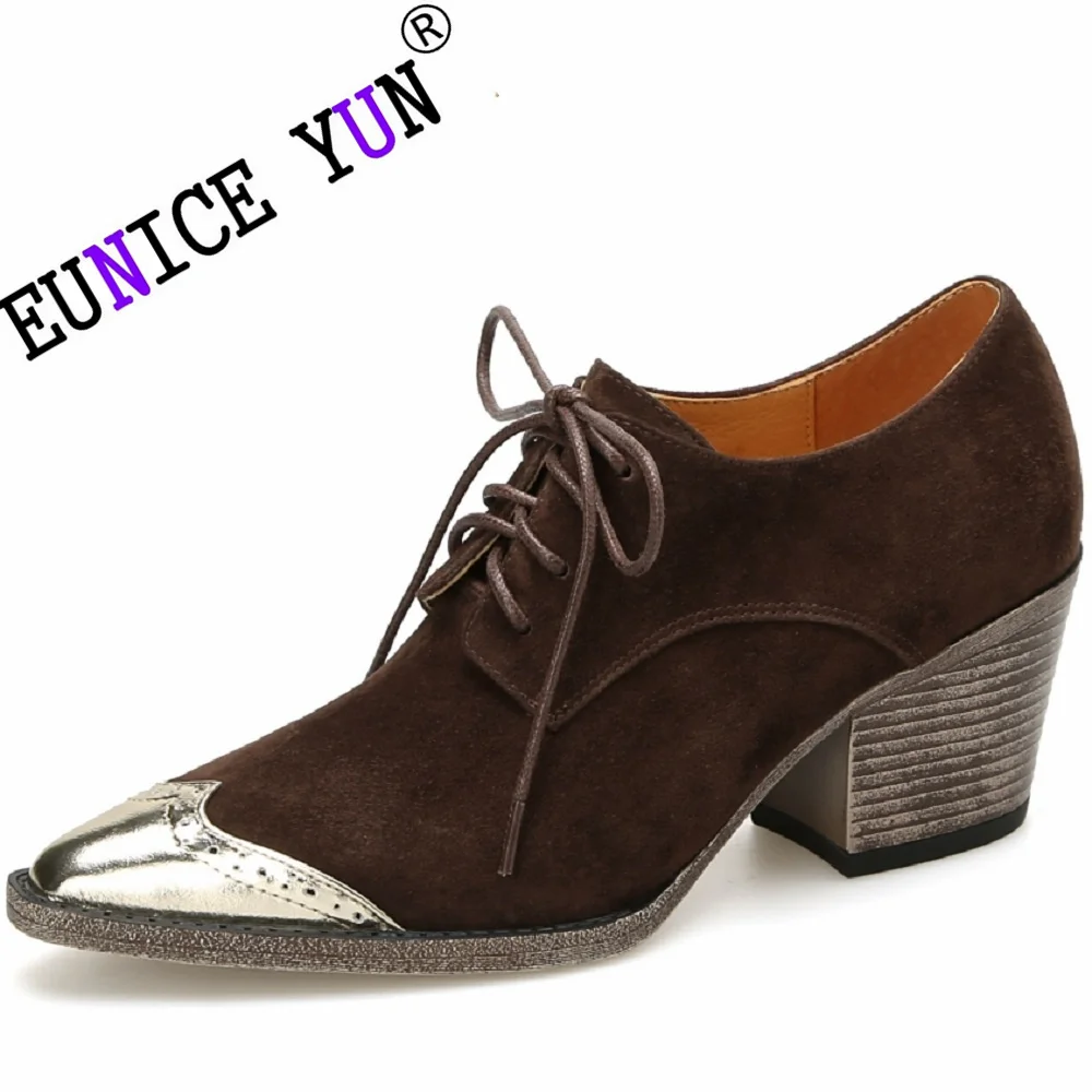 

【EUNICE YUN】Thick Heels Spring Autumn Lady Vintage Pumps Lace-Up Shoes Cozy Mid Heels British Style Women Cowhide Shoes On