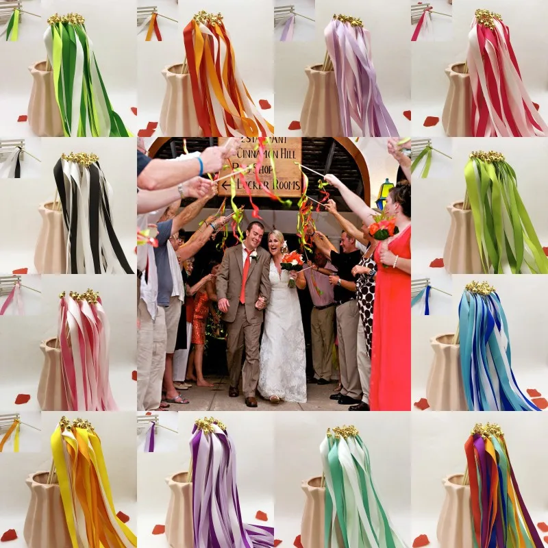 50/20pcs Colorful Stain Ribbon Wedding Stick Mixed White Lace Ribbon Color Wedding Wands with Gold Bells for Wedding Decoration
50/20pcs Colorful Stain Ribbon Wedding Stick Mixed White Lace Ribbon Color Wedding Wands with Gold Bells for Wedding Decoration