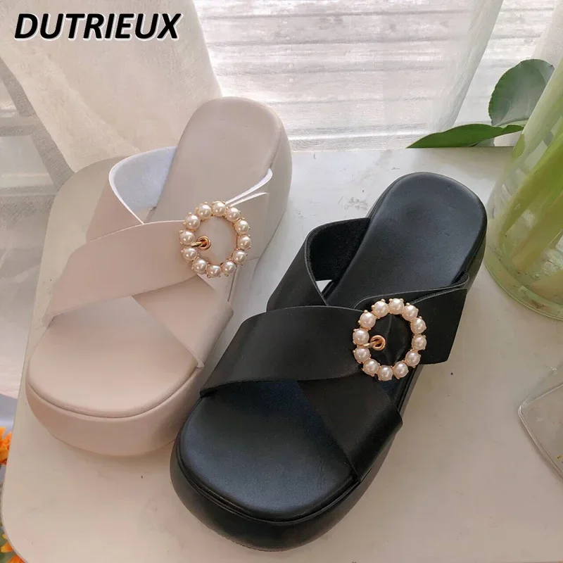 

Fashion 2024 New Japanese Style Women's Shoes Pearl Cross Platform Height Increasing Non-Slip Sandals for Women Summer