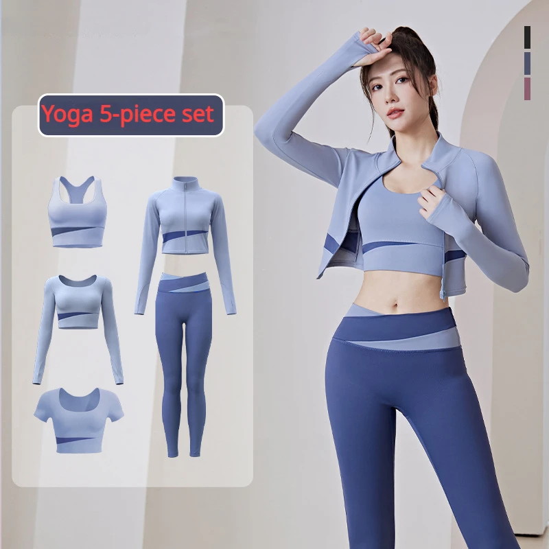 

2023 New Autumn New Color Contrast Yoga Five Sets Running Sports Set Breathable Seamless Yoga Clothing Gym Set Women