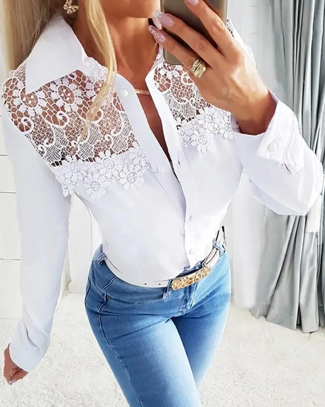 

Woman Floral Pattern Semi-Sheer Lace Patch Buttoned Top Women's Casual Clothing Female Fashion Long Sleeve Blouses