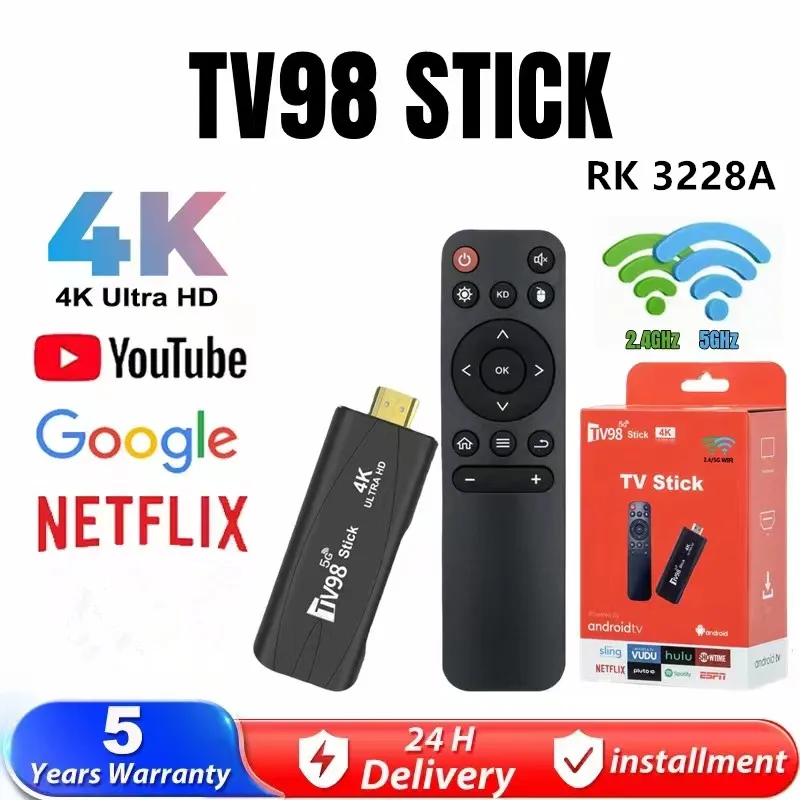 

TV98 Ultra HD TV Stick Android 12.1 4K Smart TV Box RK3228A 2.4G 5G Dual WiFi H.265 Network Media Player Set Top Box
