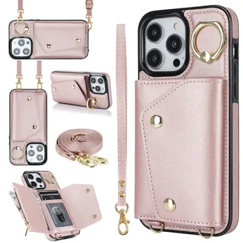 Carteira de Couro Legítimo Unissex com Proteção RFID e Zíper 9 Luxury Crossbody Strap Lanyard Wallet Leather Case for iPhone 13 11 12 15 14 Pro Max XS XR Ladies Card Slots Holder Phone Cover