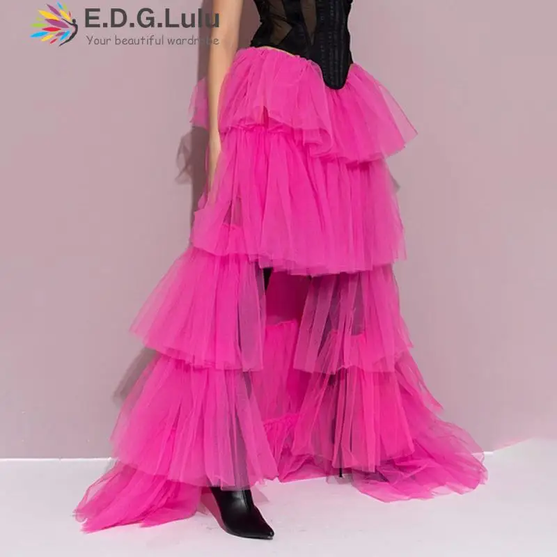 

EDGLuLu 2024 New Spring Summer Fashion High Waist Cascading Ruffled Mesh Long Skirt Leisure Sweet Design Pink Long Skirt 0413