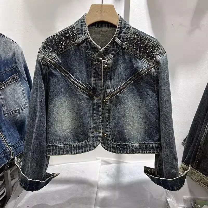 

2024 Autumn Women's Denim Short Coat Chic Diamonds Fashion Zipper Cowboy Causal Single Breasted O-neck Long Sleeve Jean Jackets