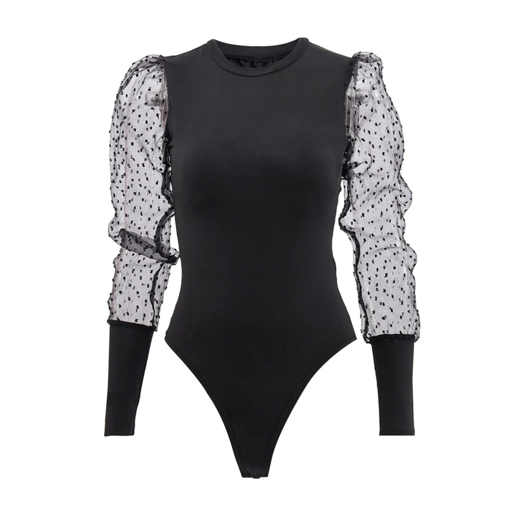 

Womens Sexy Bodysuit Tops High Waist Thong Leotard Mesh See-through Puffy Long Sleeve Slim Bodycon Stretchy Romper Playsuit Tops