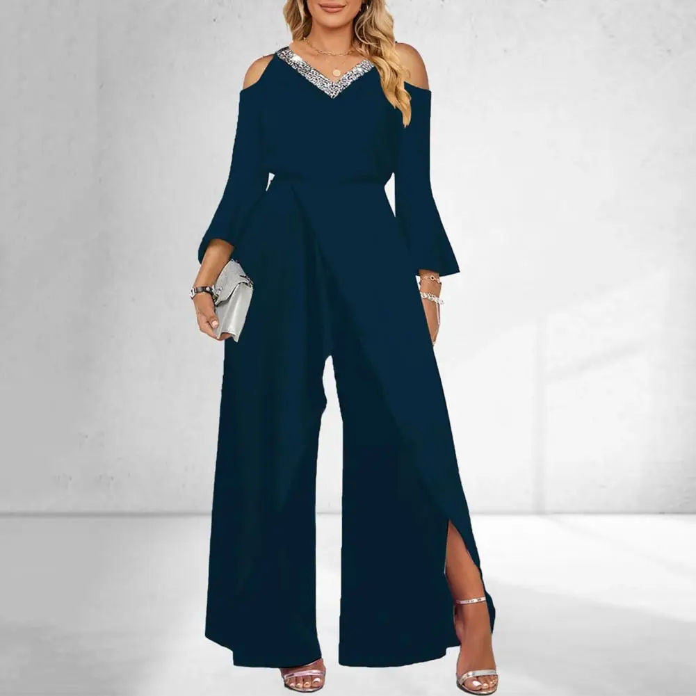 Elegant Sequin-embroidered V-neck Jumpsuit Flared Sleeves High Waist Wide Leg for Office or Party Women's Fashion
Elegant Sequin-embroidered V-neck Jumpsuit Flared Sleeves High Waist Wide Leg for Office or Party Women's Fashion