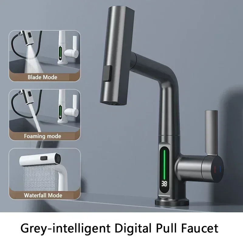 

Grey Waterfall Basin Faucet Bathroom Pull Digital Copper Tap Single Handle Rotatable Hot Cold Water Sink Taps Wash Mixer Faucets