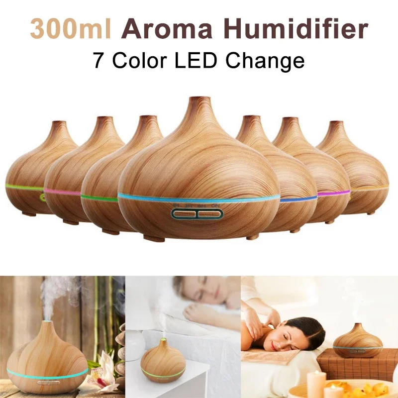 

300ml Ultrasonic Air Humidifier Wood Grain Aroma Diffuser with 7 Color LED Lights for Car/Home/Office (US Plug)