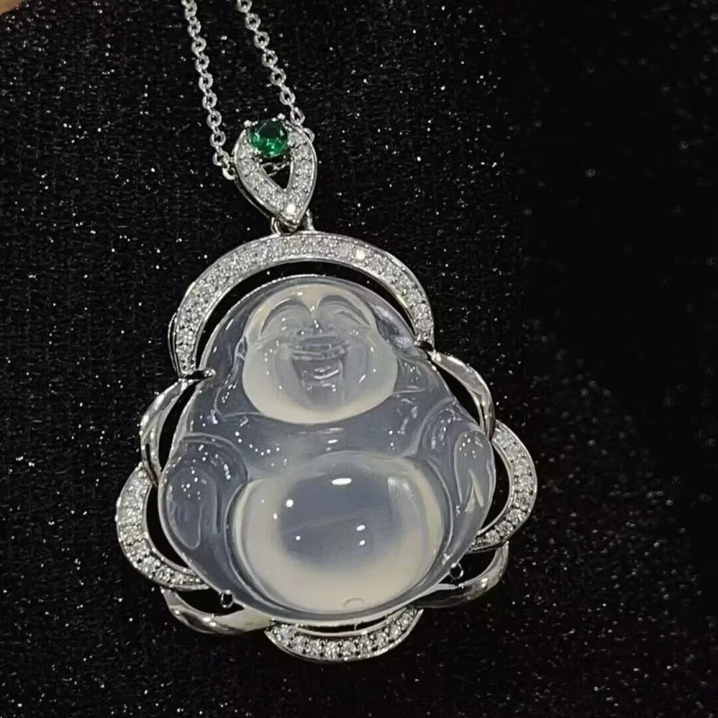 

Wholesale Silver Plated Inlaid Ice-like White Chalcedony Buddha Pendant Agate Women's Maitreya Buddha Jade Necklace Jewerly