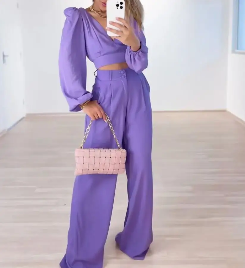 Two Piece Set Women Outfit 2023 Autumn Fashion Casual Solid V-Neck Waist Top&high Waist Wide Leg Trouser Set Elegant Commuter
Two Piece Set Women Outfit 2023 Autumn Fashion Casual Solid V-Neck Waist Top&high Waist Wide Leg Trouser Set Elegant Commuter