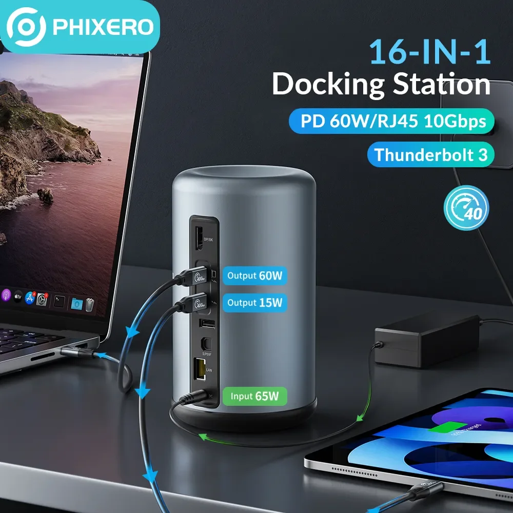 Док-станция PHIXERO USB C HUB 16 в 1 Thunderbolt 3, Тип C, адаптер 40 Гбит/с на 4K HDMI, 3,0, 10 Гбит/с, для ноутбука
Док-станция PHIXERO USB C HUB 16 в 1 Thunderbolt 3, Тип C, адаптер 40 Гбит/с на 4K HDMI, 3,0, 10 Гбит/с, для ноутбука