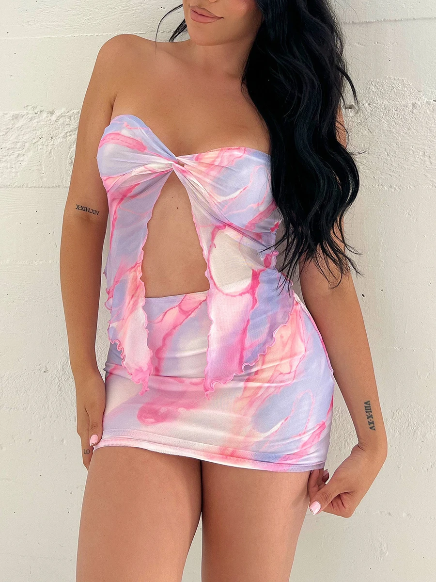 

Women s Y2K Floral Print 2 Piece Skirt Set - Strapless Twist Knot Slit Tube Top with Mini Skirt - Sexy Bodycon Outfit for