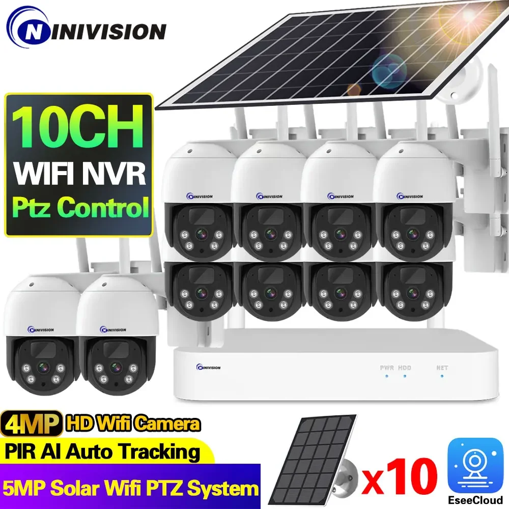 

10Channel 5MP Battery Solar Powered Cctv Camera Kit 10CH Outdoor Wireless Wifi Solar Dual Light Source Security Camera System