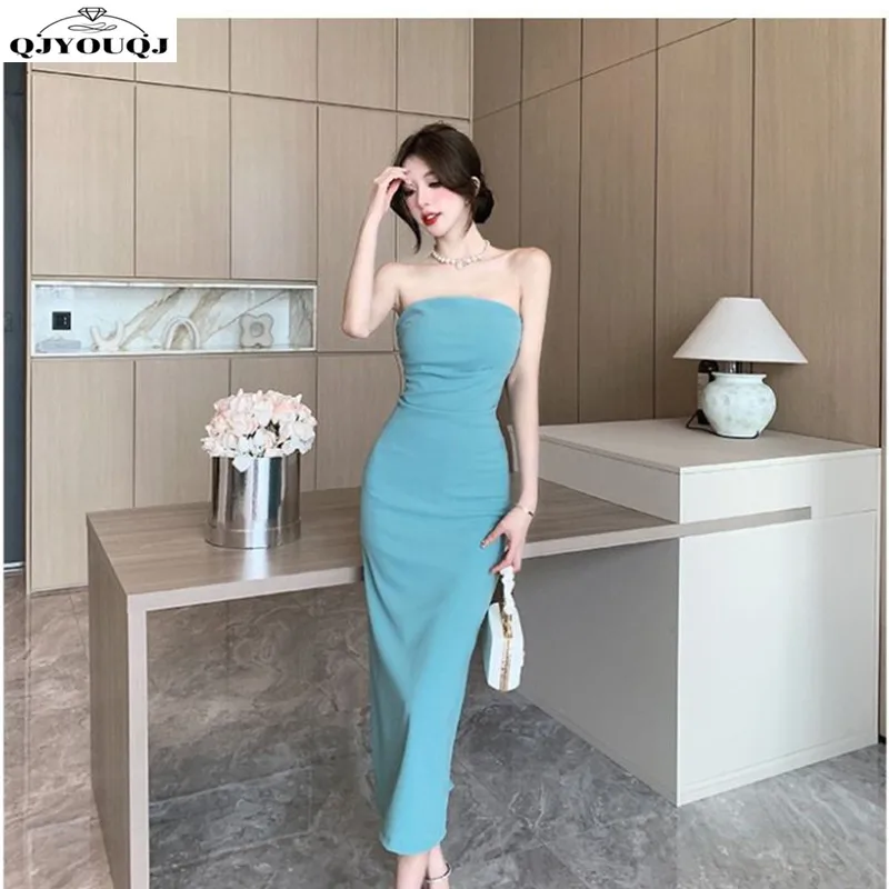 

Spicy Girl Bra Dressed Birthday Party Dress New Tight Waist Wrapping Elegance Sexy Split Wrapped Chest Dress Long Dress