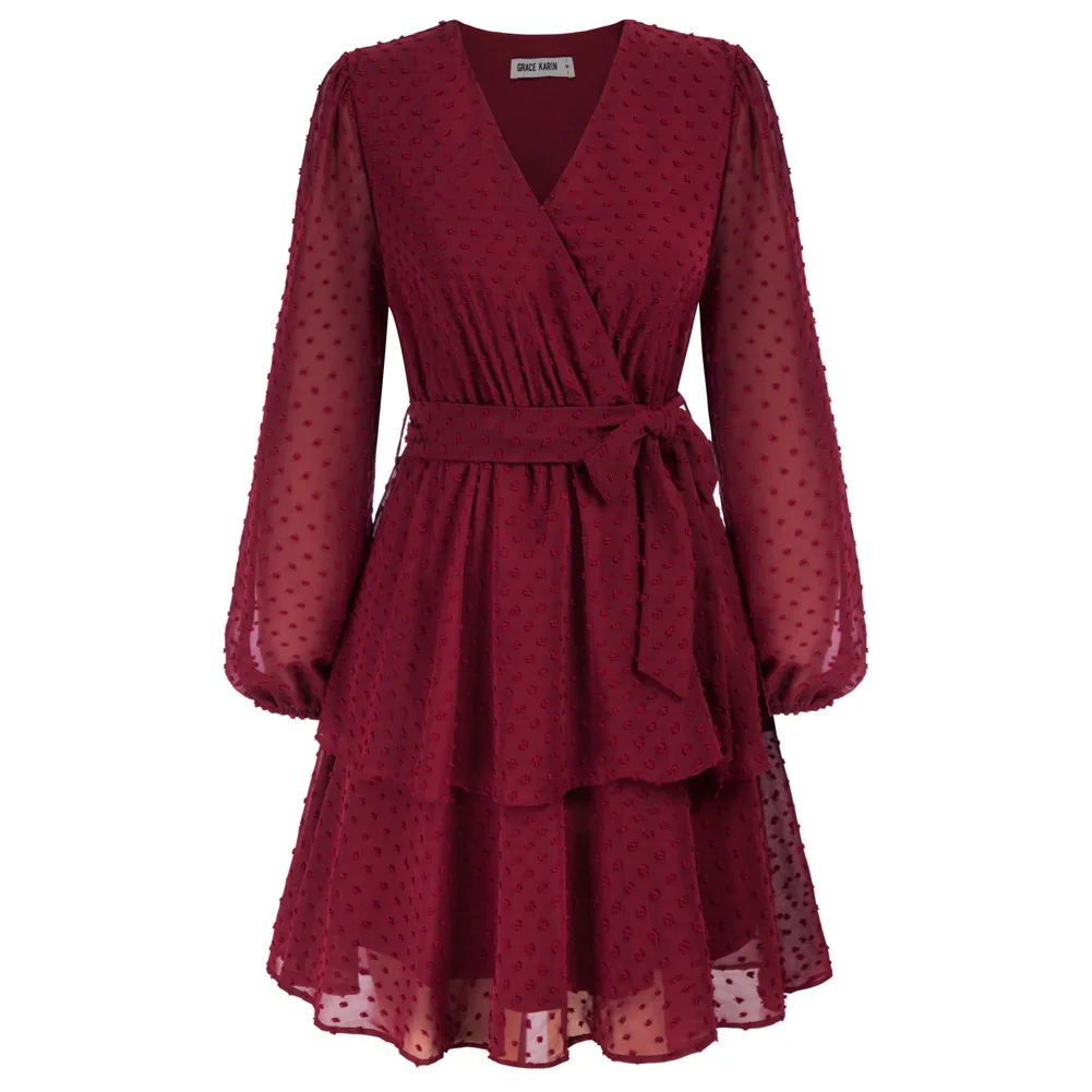 GK Women Swiss Dot Dual Layer Dress Long Sleeve V-Neck Elastic Waist Flared A-Line Dress With Belt Female Sweety Tiered Skirt
GK Women Swiss Dot Dual Layer Dress Long Sleeve V-Neck Elastic Waist Flared A-Line Dress With Belt Female Sweety Tiered Skirt