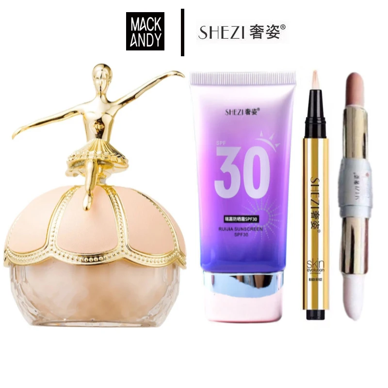 

MACK ANDY Loose Setting Powder and Shezi SPF30 Sunscreen Concealer Highlighter Whitening Face Base Makeup Combo Set Cosmetics