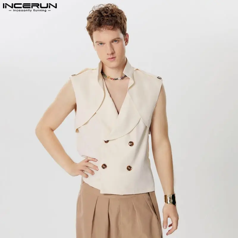 Рубашка INCERUN мужская с V-образным вырезом, однотонная двубортная Повседневная Уличная одежда без рукавов, Модная стильная ранняя одежда, 2024 
Рубашка INCERUN мужская с V-образным вырезом, однотонная двубортная Повседневная Уличная одежда без рукавов, Модная стильная ранняя одежда, 2024