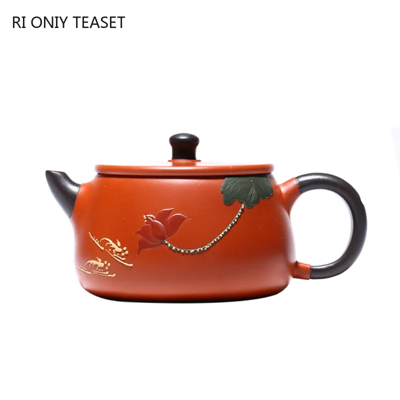 

240ml Authentic Yixing Purple Clay Teapots Handmade Lotus Pattern Stone Scoop Tea Pot Raw Ore Zhu Mud Kettle Home Zisha Tea Set