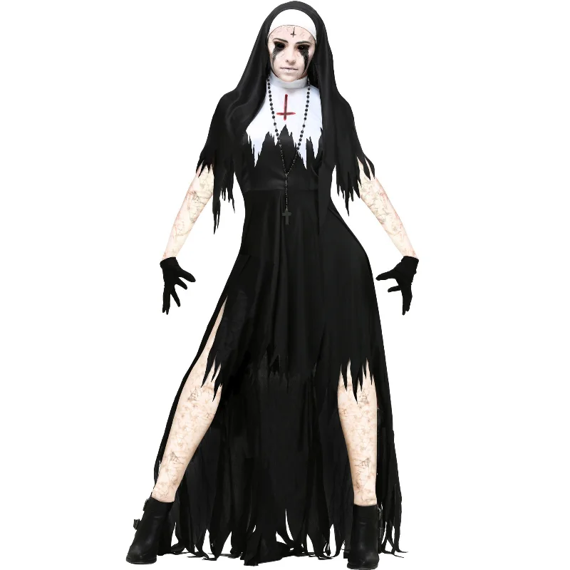 

2023 Evil Spirit Demon Nun Sister Costume Halloween Women's Black Scary Evil Cross Terror Vampire Zombie Nun Cosplay Fancy Dress