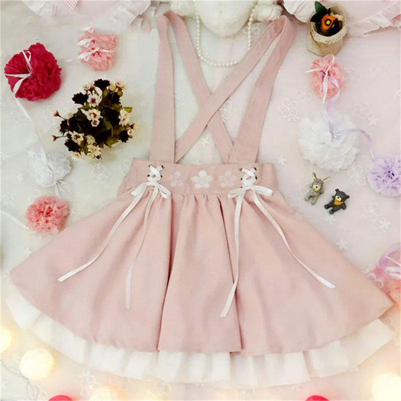 

Lolita Girls Short Skirt Japanese Style Sweet Sakura Embroidery Mori Girl Bestie Ribbon Suspender Skirt Women Pink Jumper Skirt