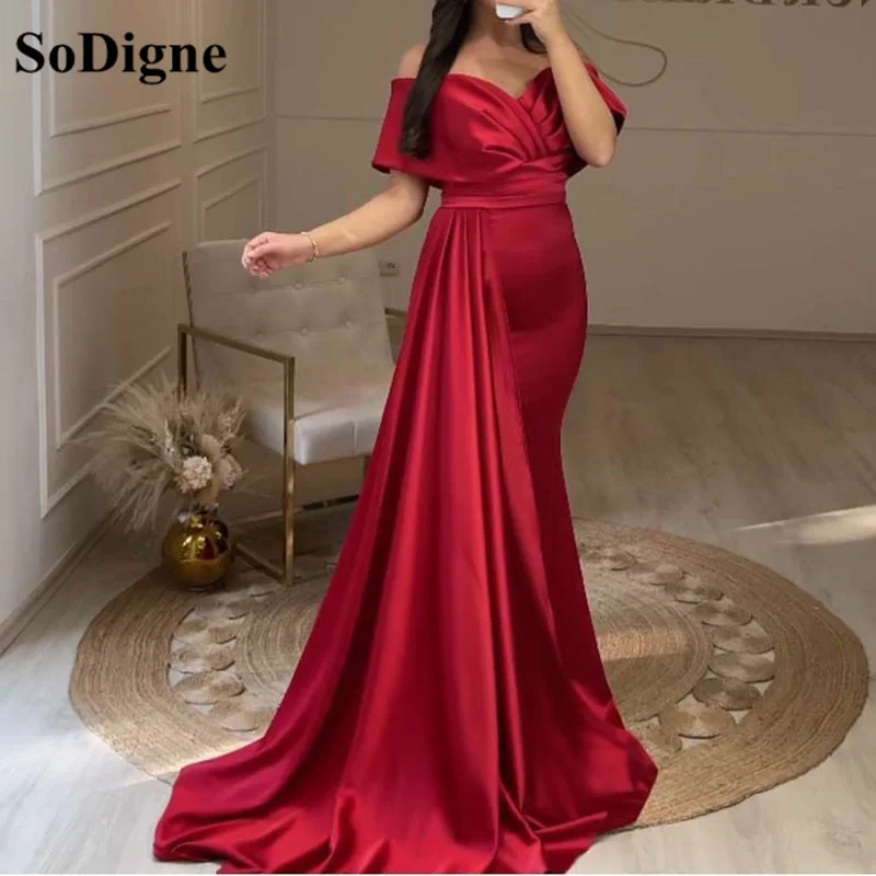 

SoDigne Burgundy Trumpet Prom Party Dress 2023 vestido fiesta mujer Pleats Simple Satin Formal Evening Dress For Women