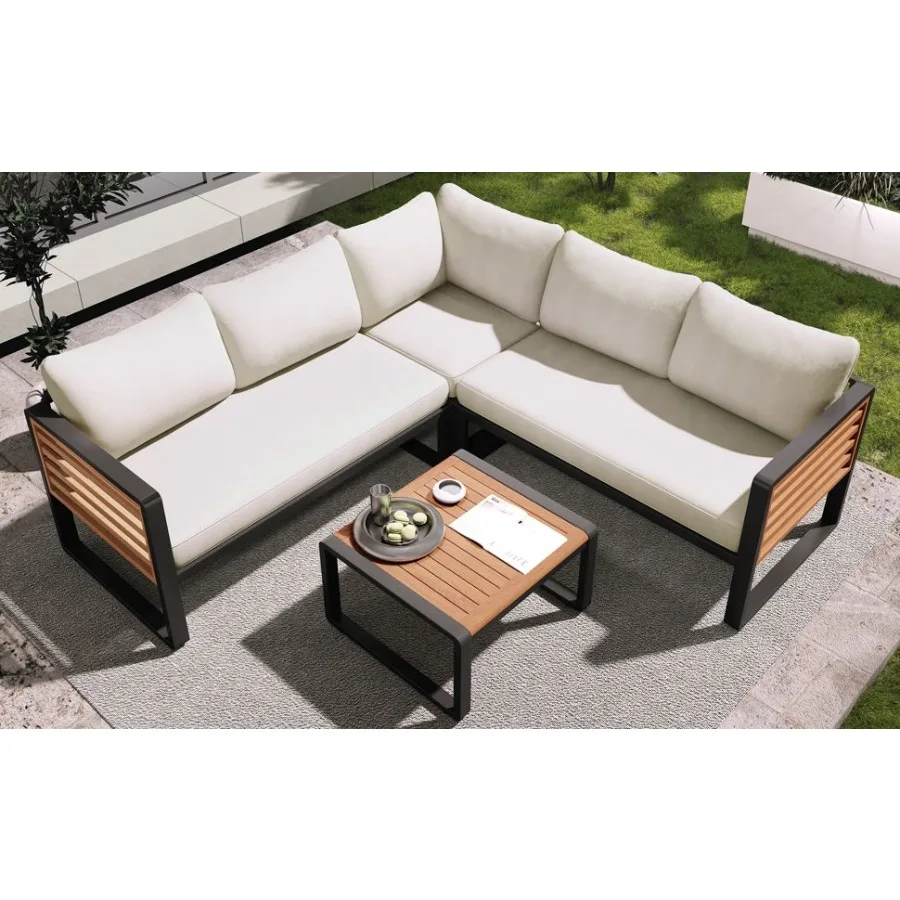 GO 4 Pieces Outdoor Patio Conservation Set Metal and Wood Frame Sectional Lshaped Sofa with Soft Cushion and a Coffee Tables fo GO 4 Pieces Outdoor Patio Conservation Set Metal and Wood Frame Sectional Lshaped Sofa with Soft Cushion and a Coffee Tables fo