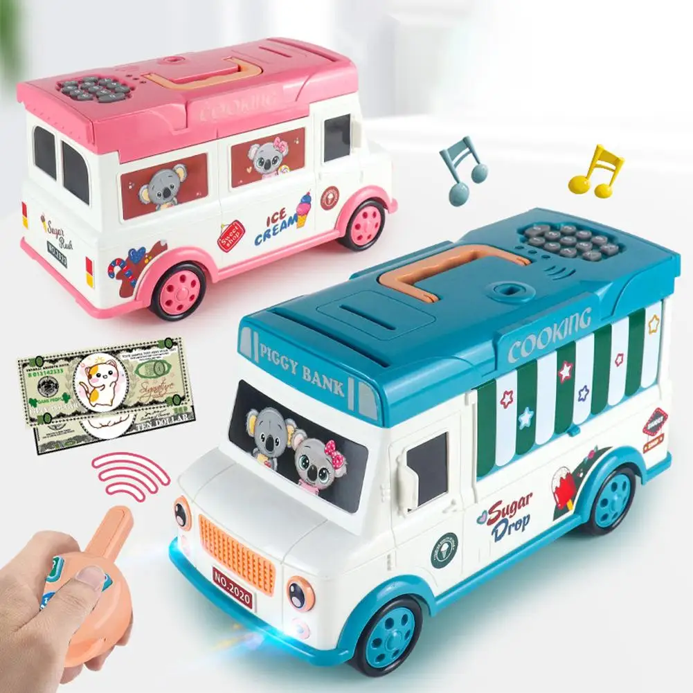 

Electric Bus Piggy Bank With Sound Effect Remote Control Unlock ATM Password Saving Banks Cash Coin Can Gifts For Kids