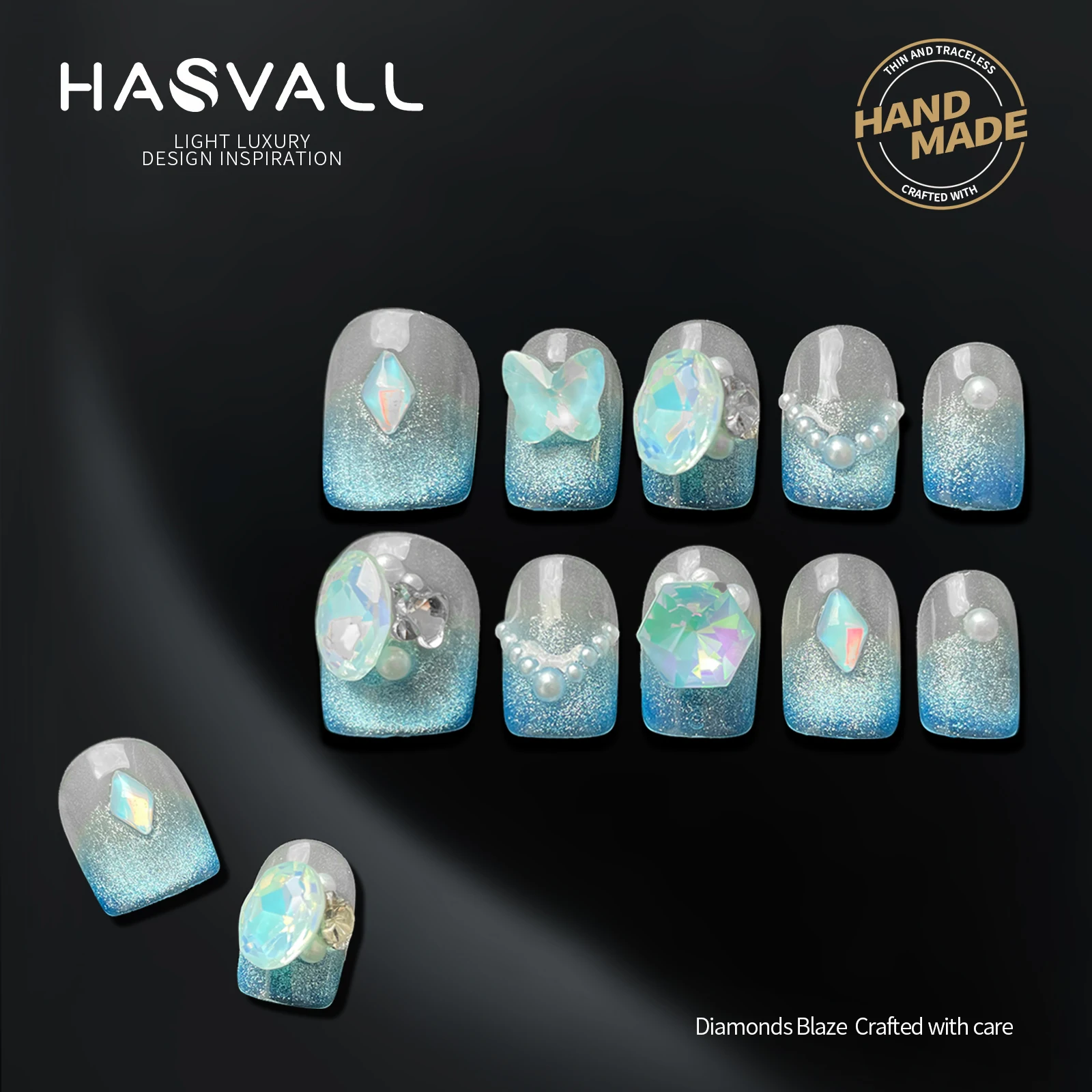 HASVALL Blue Color Handmade Press on Nails Ocean Style Cat Eye Gradient Short Square Gel False Nail Tips 3D Diamond Design
HASVALL Blue Color Handmade Press on Nails Ocean Style Cat Eye Gradient Short Square Gel False Nail Tips 3D Diamond Design