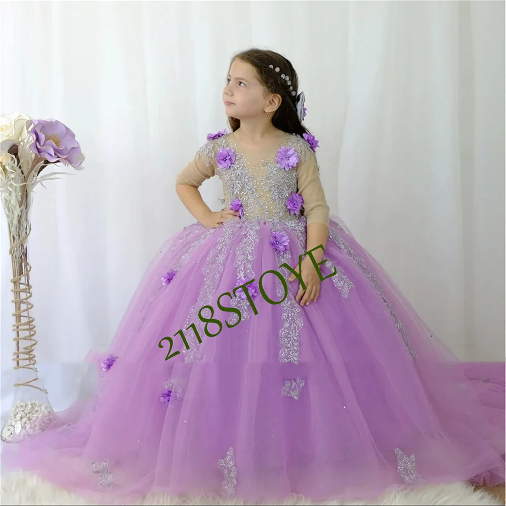 

Baby Princess Lilac Sparkle Silver Ball Gown Flower Girl Dress 2023 Appliques Party Gowns Children Pageant First Communion Gowns