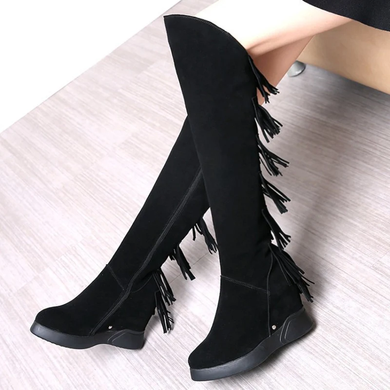 

Newest Black Suede Tassel Inner Wedge Thigh Boots Over The Knee Knight Boots Women's High Top Winter Plush Fur Fringed Boots