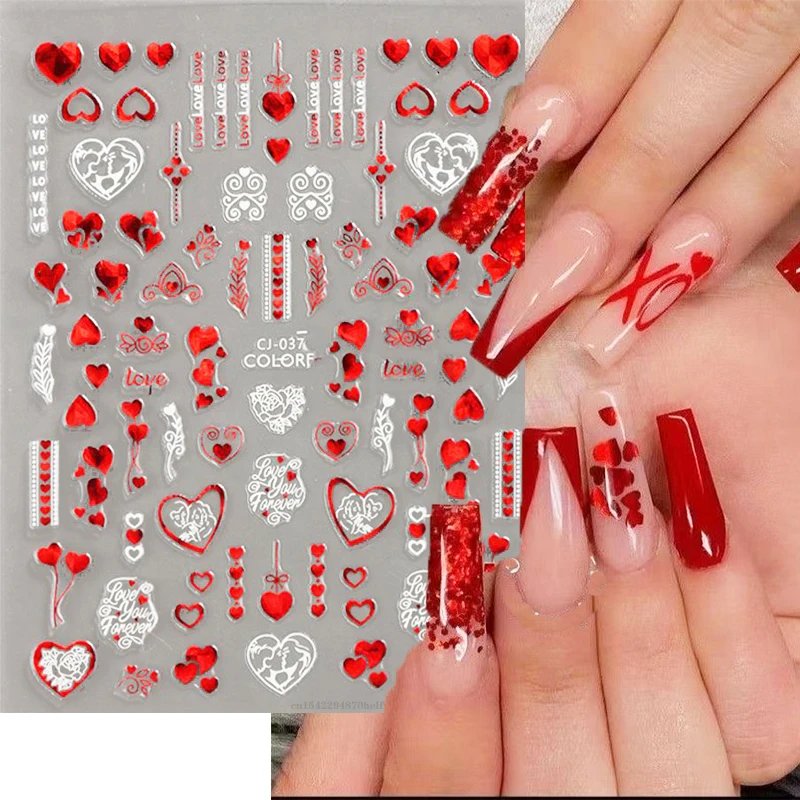 

3D наклейки для дизайна ногтей, сердце, любовь, губы, цветок, лазерные самоклеящиеся слайдеры, украшение для ногтей, День Святого Валентина, аксессуары для маникюра