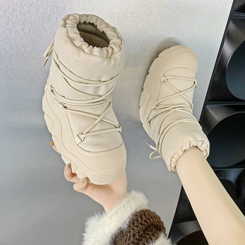 

Сапоги на среднем каблуке, ботинки с круглым носком, женская зимняя обувь, австралийская плюшевая обувь на шнуровке, резиновые женские сапоги на плоской подошве для снега, с мехом, в римском стиле, из искусственной кожи, 2023
