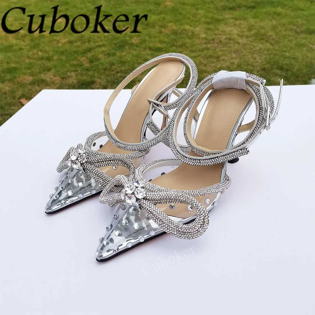 

2022 New Summer PVC Women Sandals Bow Knot Crystal High Heels Pointy Toe Ankle Straps Pumps Slingback Brand Runway Women Shoes
