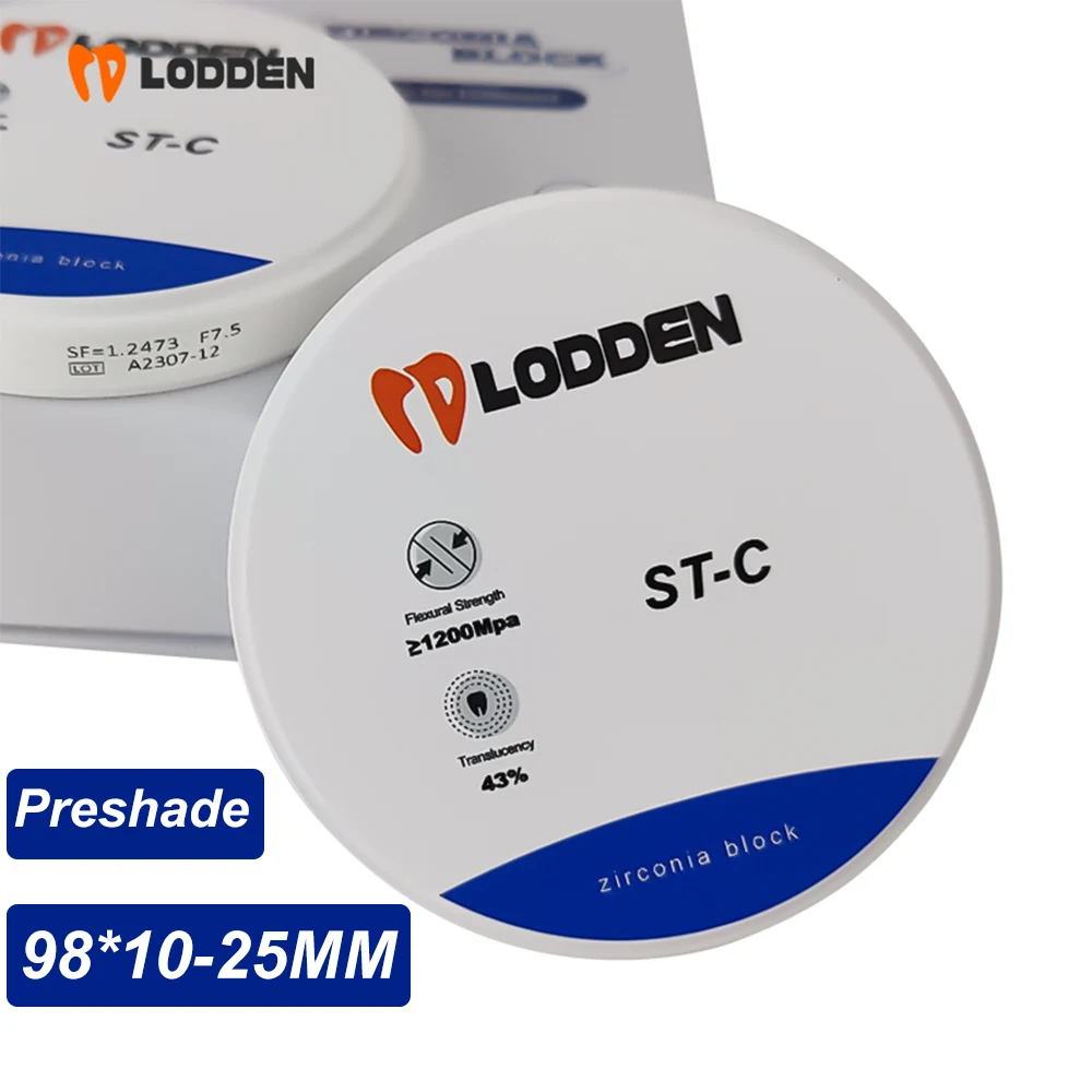 

Lodden Dental Zirconia Block ST-C 98*10-25mm Preshade Transparency 43% Strength 1200mPA Dental Lab CAD CAM System