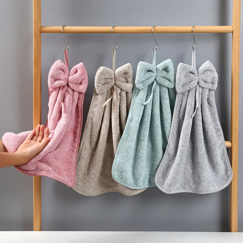 

Bowknot Hand Towels for Kitchen Bathroom Coral Velvet Microfiber Soft Quick Dry Absorbent Cleaning Cloths Home Sauna Terry Towel