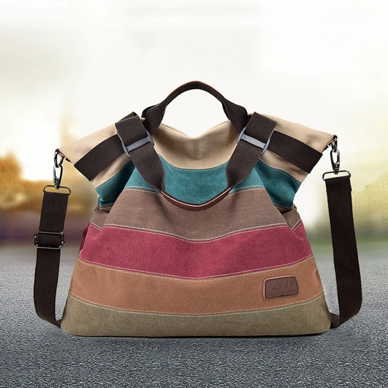 

Hot Sell Women's Large Capacity Canvas Handbags Fashion Female Shoulder Bag New Rainbow Stripes Patchwork Crossbody Bag
