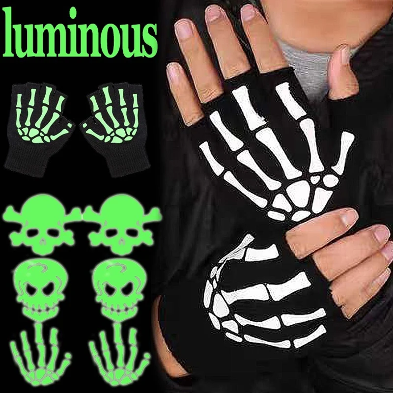 

Fashion Adult Cosplay Halloween Skeleton Skull Half Finger Punk Gloves Glow in the Dark Fingerless Stretch Knitted Winter Mitten