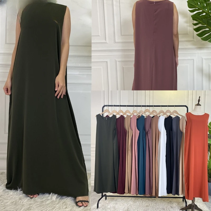 

New Sleeveless Lining Dress Long Muslim Woman Abaya Moroccan Caftan Evening Modest Robe Arabic Kaftan Many Color Islamic Product