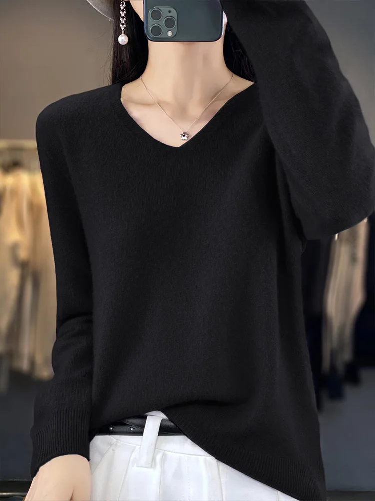 

Spring Autumn 2024 Women Sweater 100% Merino Wool V-neck Long Sleeve Knitted Pullovers Solid Color Soft Female Jumper Tops