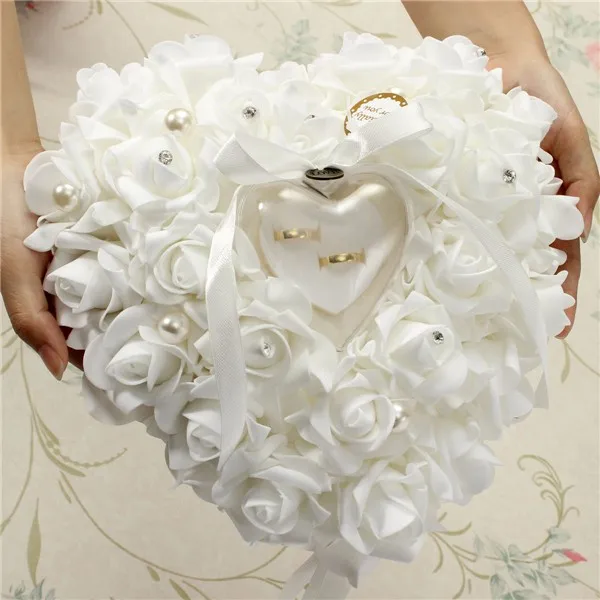 

Heart shape Rose Flowers Romantic Valentine's Day Gift Ring Box Wedding Jewelry Case White Ring Bearer Pillow Cushion Holder