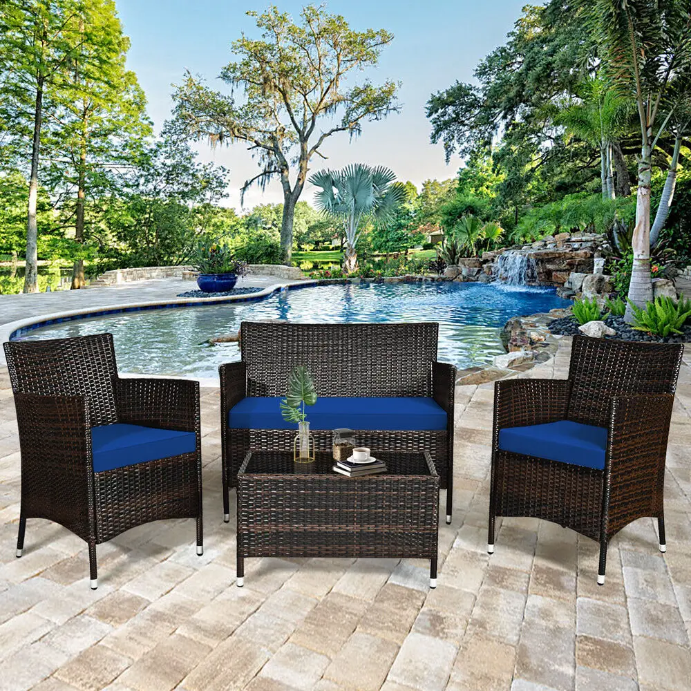 

4 Pieces Rattan Patio Furniture Set Cushioned Sofa Chair Coffee Table Garden Conversation Bistro Sets for Yard,Pool or Backyard