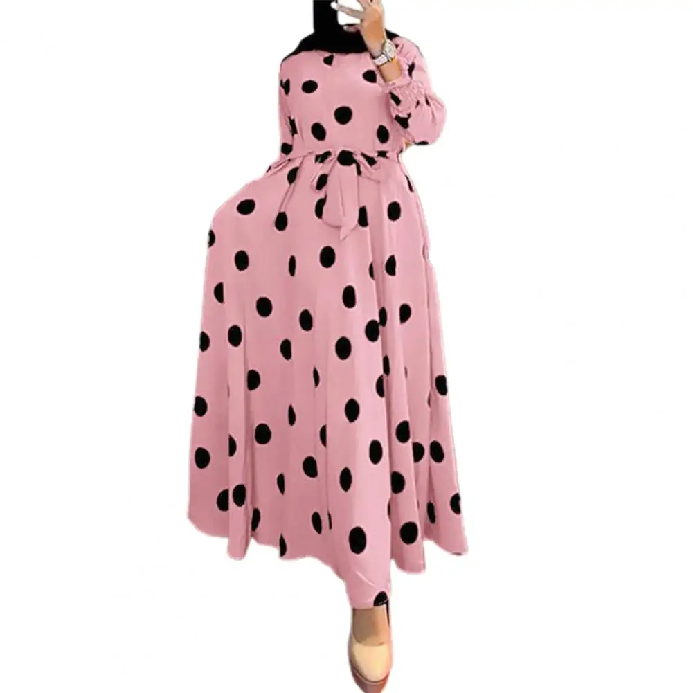 

High Waistline Dress Vintage-inspired Polka Dot Maxi Dress with Belted High Waist Ankle-length Hem for Women Retro A-line O Neck