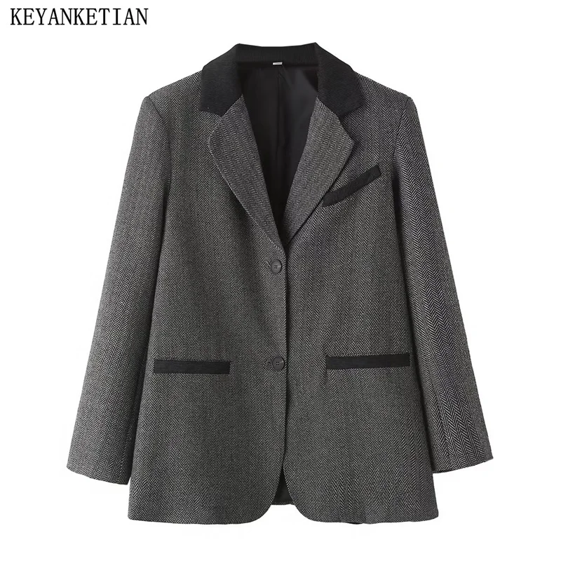 

KEYANKETIAN New Launch Women's herringbone Jacquard Tweed Suit Seam Detail Notched Collar Single Breasted Office Lady Blazer Top